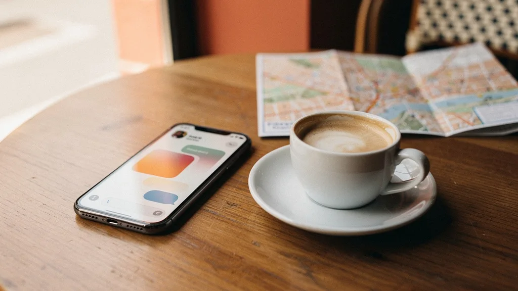 Smartphone et application de rencontre sur une table de cafe a Toulouse