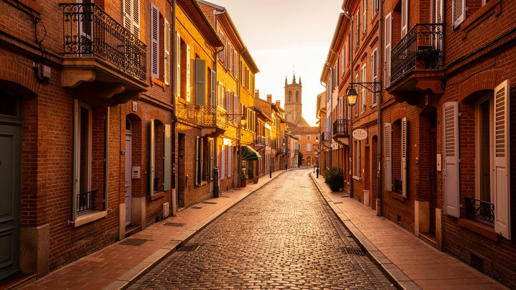 Rue du vieux centre a l heure doree a Toulouse